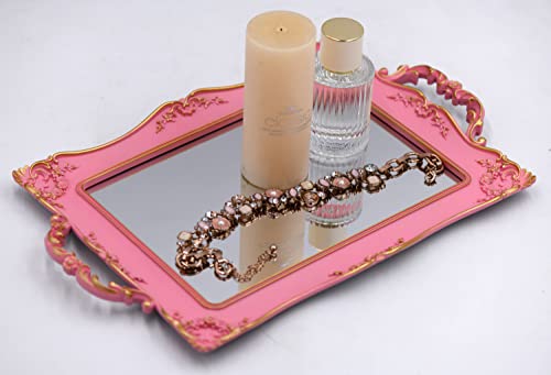 Tstarer Antique Decorative Pink Framed Square Mirror Tray (Pink) - color: Pink