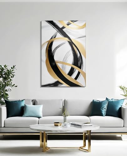 Large Abstract Canvas Wall Art - Black and Gold Line Pictures Gray White Textured Painting Modern Abstract Wall Decor Framed for Living Room Gallery Wrap Ready to Hang(Art-5,28.00x42.00 inch) - color: Art-5, size: 42"L x 28"W