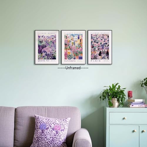 XLARTMY Flower Market Wall Art Prints Canvas Purple and Pink Floral Paintings Colorful Botanical Travel Flower Posters for Home Decor Pictures Set of 3 for Living Room Bedroom 16x24in Unframed - color: Flower Market PUrple, size: 16x24in Poster