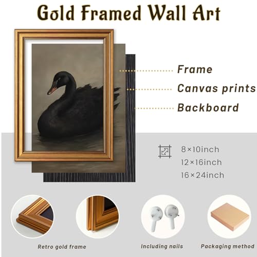 Gold Framed Swan Wall Art, Vintage Black Swan Pictures Wall Decor, Moody Canvas Prints, Dark Academia Printings, Rustic Farmhouse Artwork for Living Room Bedroom Bathroom Home Decor 16x24 Inch - color: Black Swan, size: 24"L x 16"W