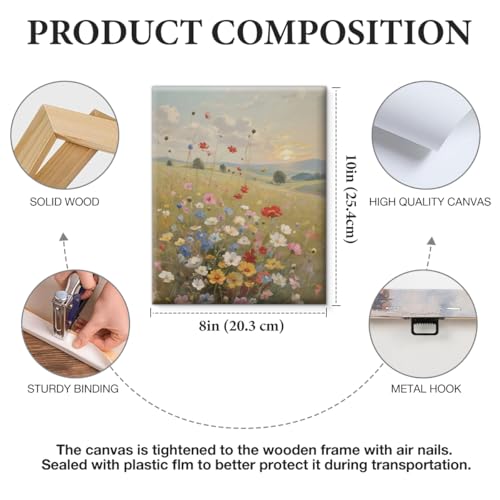 Vintage Wildflower Meadow Canvas Wall Decor, Sunset Floral Field Landscape Art, Rustic Cottage Farmhouse Nature Scenery Suitable for Living Room Bedroom Bathroom Kitchen Home Decoration, 8x10 Inch - color: Home04