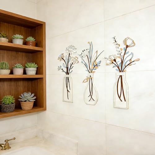 Embewhis Metal Wall Art Flowers 3pcs, Rustic Farmhouse Flower Sculptures, 13.7" Wall Art Decor, Drill-Free Install Option for Living Room, Kitchen, Bedroom & Bathroom - size: A
