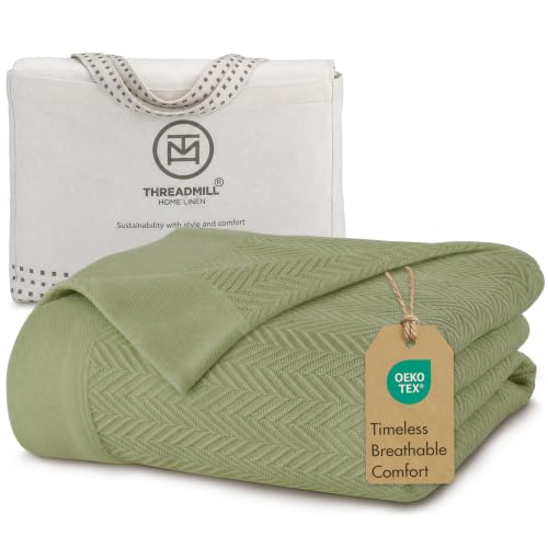 Threadmill Luxury 100% Cotton King Herringbone Blanket, Moss Green - color: Moss Green, size: King (106" x 92")