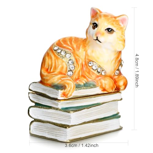 Hand Painted Enameled Cute Cat Trinket Box, Hinged Unique Mini Ring Necklace Jewelry Organizer, Classical Bejeweled Storage, Figurine Collectible Keepsake Home Decor (Cat on Book) - color: Cat on Book