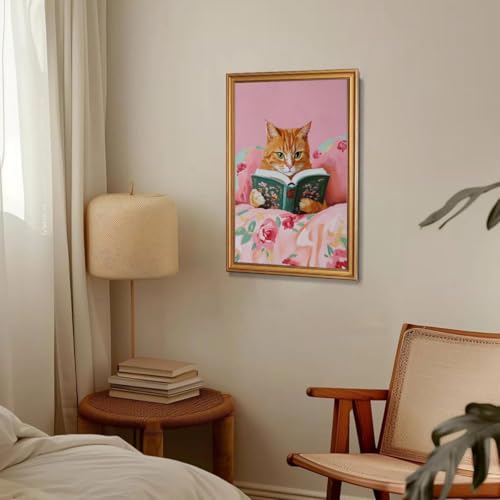 Cat Wall Art Vintage Gold Framed Wall Art Cat Pictures Wall Decor,16x24in - color: Reading cat, size: 16"x24"
