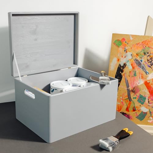 Creative Deco Large Gray Wooden Box Storage with Hinged Lid - color: Gray, size: XXL | Handles