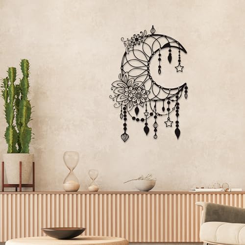 Xedatric Matte Black Moon Phase Metal Wall Art with Stars - color: Black