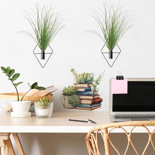 Hanging Planters with Artificial Plants, 2pcs Diamond Shape Metal Hanging Vase with Artificial Shrubs Wheat Grass Greenery Indoor Plants Holder Wall Decor for Home Living Room Bedroom Office (Black) - color: Black