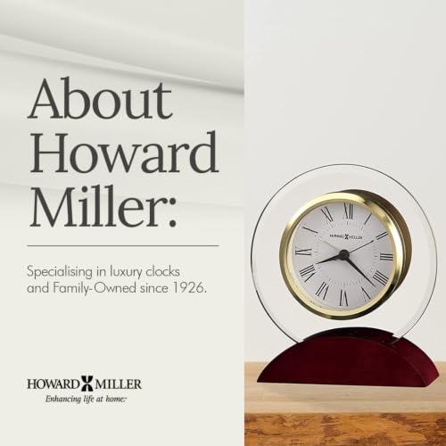 Howard Miller Dana Tabletop Clock – Curved Beveled Glass, Wooden Base, Battery Operated Alarm, Roman Numerals, Analog Desk Clock