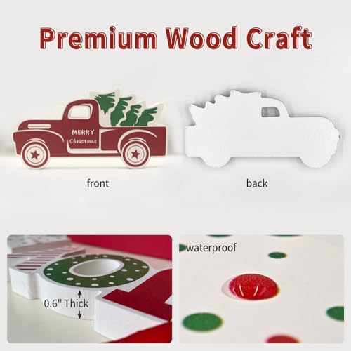 4 Pcs Christmas Table Decorations Indoor Wooden Red Truck Winter Tiered Tray Decor Rustic Merry Christmas Tree NOEL JOY Centerpiece Gift Farmhouse for Home Kitchen Shelf