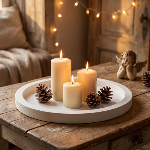 Round Candle Plate Holder White Wooden Coffee Table Tray Kitchen Decor - color: White, size: 11"