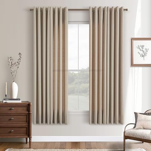 Taupe 63 Inch Long Linen Semi Sheer Grommet Curtain for Dining Room - color: Burlywood Birch, size: 52"W x 63"L (Pack of 2)