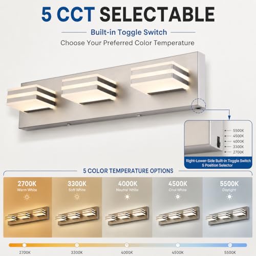 3-Light Brushed Nickel Vanity Light for Bathroom, 20 Inch 24W 5CCT Dimmable LED Fixture with Clear Acrylic Shade, Hardwired Modern Wall Light Over Mirror for Guest Bath - color: Brushed Nickel-5 Color Temperature, size: 3-Light, 20-Inch