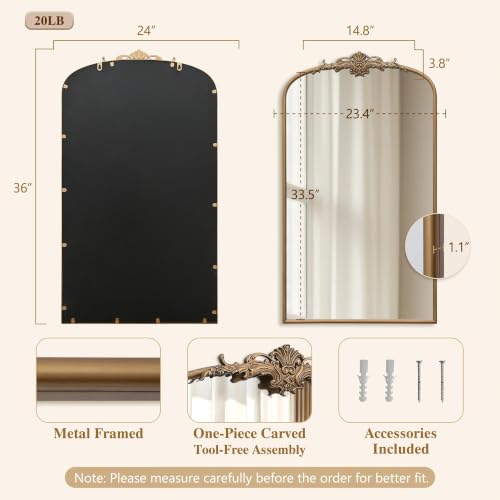 Besdomus Vintage Large Wall Mirror: 24"x42" French Brass Gold Vanity Mirror - color: Brass Gold, size: 42"L x 24"W