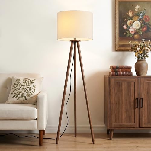 Buruis 60.6 Inch Walnut Wood Tripod Floor Lamp with Linen Drum Shade, Beige - color: Beige