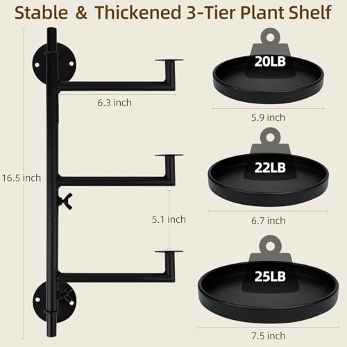 Rotating Window Plant Shelves with Adjustable Knobs, 3 Tiers Metal Wall Shelf for Plants Indoor, Sturdy Hanging Plant Holder, Window Wall Decor & Gardening Gifts (Black)