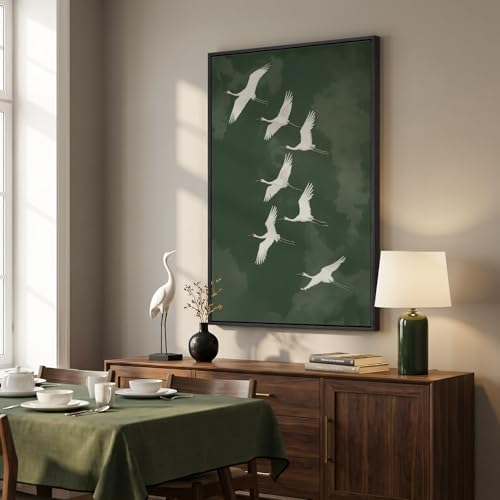 Large Framed Vintage Japanese Green Bird Wall Art for Living Room, 24x36 In - color: Emerald Green, size: 36"L x 24"W