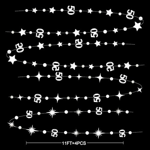Silver 50th Birthday Decorations Number 50 Circle Dot Twinkle Star Garland Metallic Hanging Streamer Bunting Banner Backdrop for 50 Year Old Birthday Happy 50th Anniversary Fiftieth Party Supplies - color: Silver