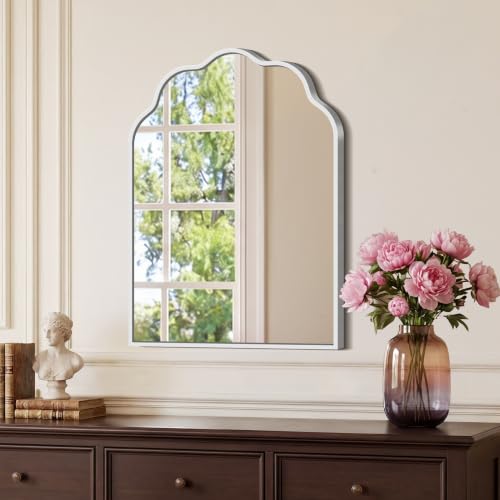 Scalloped Arched Mirror, 18×24Inch Silver Mirror for Bathroom, Wavy Wall Mounted Vanity Mirror with Aluminum Alloy Frame for Livingroom Bedroom and Entryway, Tempered Glass - color: Silver, size: 24"L x 18"W