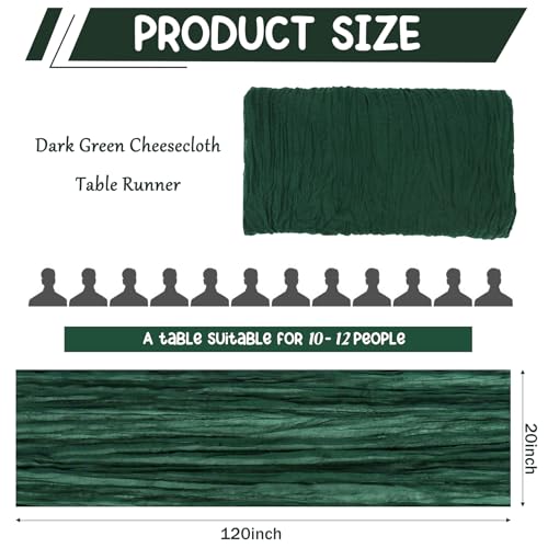 2 Pack 120 Inch Dark Green Cheesecloth Table Runner Boho Rustic Gauze Sheer Romantic 10 FT Long Cheese Cloth Table Runner for Bridal Baby Shower Wedding Party Birthday Holiday Easter Christmas Decor - color: Dark Green