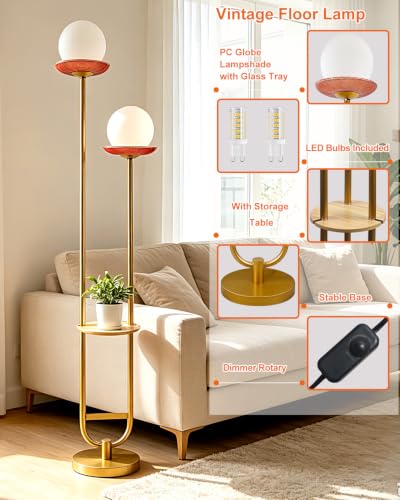 Lightdot 2-Globe Floor Lamp Dimmable with Red Glass Tray Gold Floor Lamp - color: Red-2U Gold