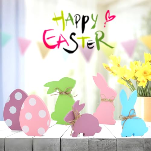 Easter Decorations, 6 pcs Wooden Easter Bunny Egg Signs for Table Centerpiece Tiered Tray Decor Home Indoor Office Party Farmhouse Decor