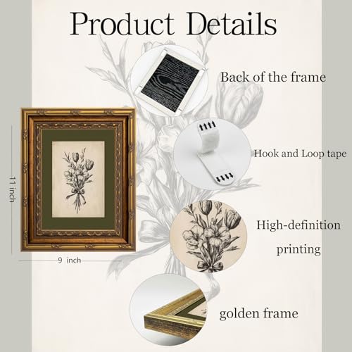 Gold Framed Wall Art Vintage Flower Sketch Wall Art Antique Sage Green Botanical Wall Decor Picture Dark Green Floral Drawing Poster Print for Bedroom Living Room 9x11in - color: Floral, size: 11"l X 9"w