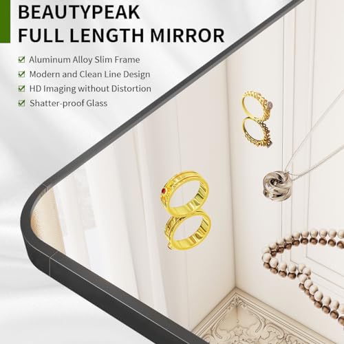 BEAUTYPEAK 59" x 16" Rounded Corner Full Length Mirror with Stand, Black - color: Black, size: 59"L x 16"W
