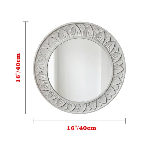 Floral Wall Mirror, 16" Distressed White Wooden Frame, 3D Embossed Relief Petal Design, Vintage Farmhouse Round Decorative Mirror for Living Room, Bedroom, Bathroom, Vanity - color: Distressed White, size: 16"L x 16"W