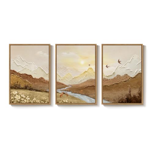 Framed Brown Abstract Mountain Wall Art for Living Room, 3 Piece, 24x36 In - color: Brown Neutral, size: 24" W x 36" H x 3Pcs