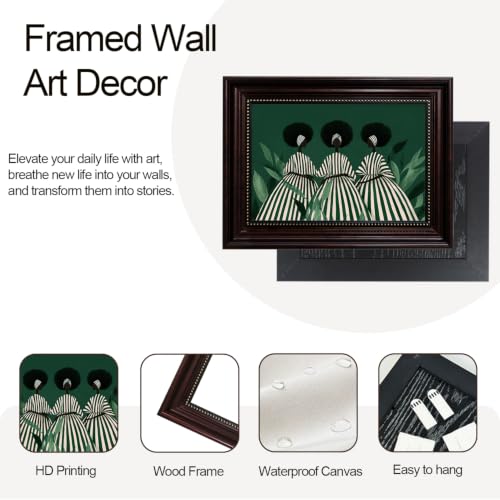 Dark Brown Framed Green White Striped Black Woman Wall Art 12x16 in - color: 3Green Abstract Woman, size: 16"L x 12"W