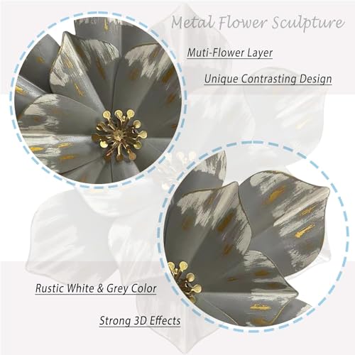 Metal Flower Wall Sculpture,12.5" Gradual Grey Gold Rustic Modern Floral - color: 01B-Grey