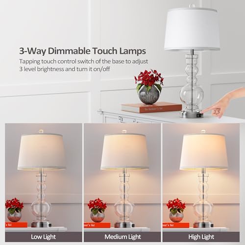 Hamucd 3-Way Dimmable Touch Control Clear Grey Glass Table Lamps Set of 2 with USB A+C for Modern Comtemporary Bedroom Nightstand Living Room Decor(Bulbs Included) (Clear) - color: Clear