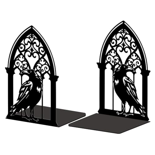 Peacoblue 5.3"x4.3"x7.9" Metal Bookends, Heavy Duty Book Ends for Shelves - style: Gothic Crow