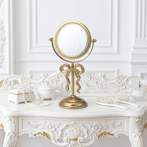 Novabright 7" Golden Bow Vanity Mirror, Swivel Makeup Mirror Stable Base