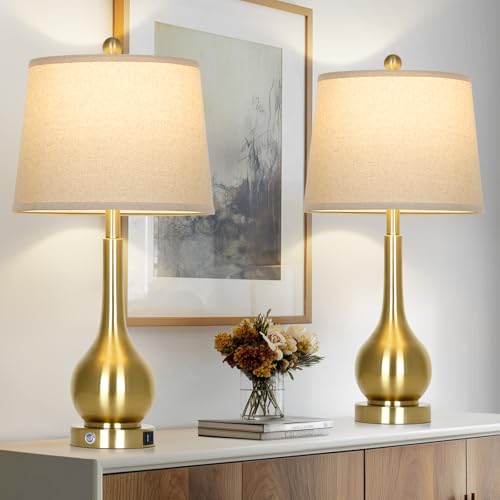 26" Gold Table Lamps Set of 2 for Living Room, Touch Control Bedroom Lamps for Nightstand, 3-Way Dimmable Bedside Lamp with USB A+C Port (2 LED Bulbs Included) - color: Gold - 26"H