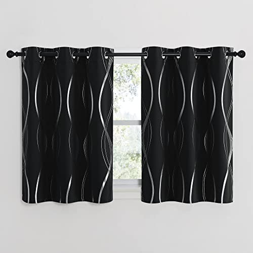 NICETOWN Black Out Curtains for Small Window, 2 Panels, 42 inches Wide by 40 inches Long, Foil Printed Wave Lines Thermal Insulated Blackout Panels/Drapes for Bedroom Kitchen Loft Cafe - color: 1 - Black, size: 42"W x 40"L (Pack of 2)