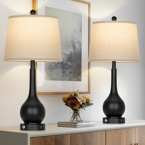 26" Black Table Lamps Set of 2 for Living Room, Touch Control Bedside Lamp for Bedroom, 3-Way Dimmable Nightstand Lamp with USB A+C Port (2 LED Bulbs Included) - color: Black - 26"H
