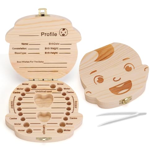 NASHRIO Baby Tooth Box Wooden Kids Keepsake Organizer Gift for Baby Teeth, Cute Children Tooth Container with Tweezers to Keep the Childwood Memory (Boy) - color: Boy