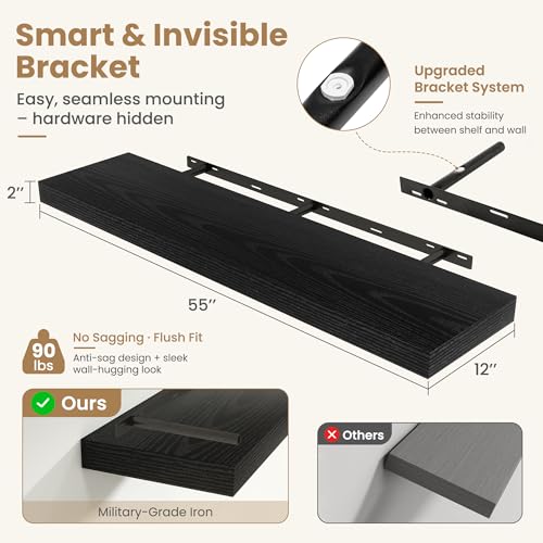 55 Inch Long Floating Shelves for Wall Set of 1, 12"D Wood Grain Shelves - color: Black, size: 55"Wx12"Dx2"H, 1P