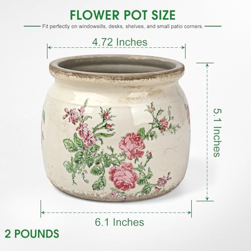 Flower Pots Planters for Indoor Plants Ceramic Plant Pots with Drainage 6.1 Inch Vintage Ceramic Pots for Plants Outdoor Home Garden Decor, Vintage Pink Rose - color: Vintage Pink Rose