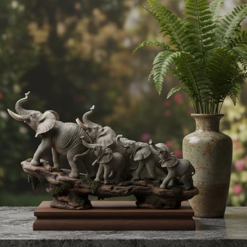 Comfy Hour 14 Inch Elephant Statue, African Family Figurine - color: Gray Elephants With Weathered Cliff Base