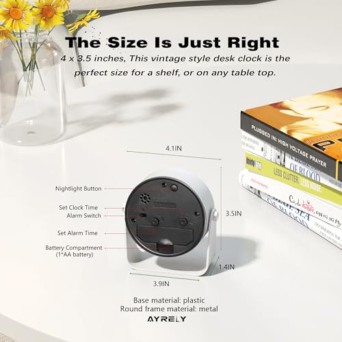AYRELY® 3.5" Small Analog Travel Alarm Clock, Battery Operated Desk Clock - color: White