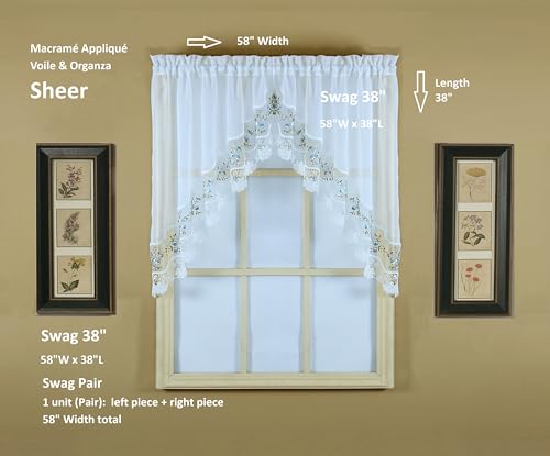 Today's Curtain, Vintage Macramé Organza Swag 38", White/Blue, 58" W x 38" L - color: White/Blue, size: 58"W x 38"L (Pack of 1)
