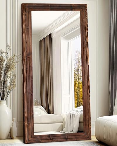 76x34in Full Length Mirror, 3-Tier Stepped Solid Wood Frame, Brown - color: Brown, size: 76"L x 34"W