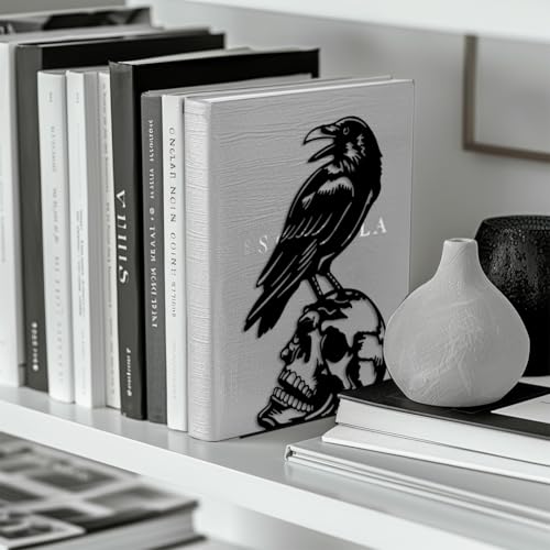 Peacoblue 5.3"x4.3"x7.4" Metal Bookends, Heavy Duty Book Ends for Shelves - style: Crow and Skull