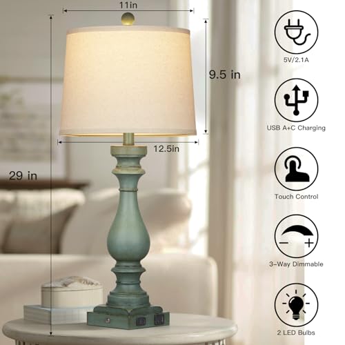 Cinkeda 29" Tall Table Lamp for Living Room Set of 2,Vintage Bedside Nightstand Lamps with USB C+A Ports & AC Outlet,3-Way Dimmable Touch Control Retro Green Desk Lamp for Bedroom,Color 4 - color: Retro Green