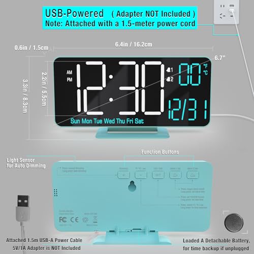 KOSUMOSU Digital Alarm Clock, 6.7in Digital Clock for Bedroom, Auto Dimming, Room Temperature, Day of The Week, Seconds, Date, Desk Clocks for Living Room, Alarm Clocks for Bedrooms - color: Blue (White + Blue Digits)