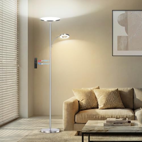 marctronic Brushed Nickel Floor Lamp, 42W 4000LM Brightest LED, Smooth Metallic Body & Anti-Glare, Dimmable Remote/Touch Floor Lamp for Bedroom/Study - color: Brushed Silver