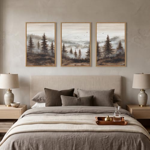 Aurlan Large Foggy Pine Tree Mountain Framed Canvas Wall Art Set-24"x36"x3 - color: Foggy Landscape Wall Art, size: 24"L x 36"W